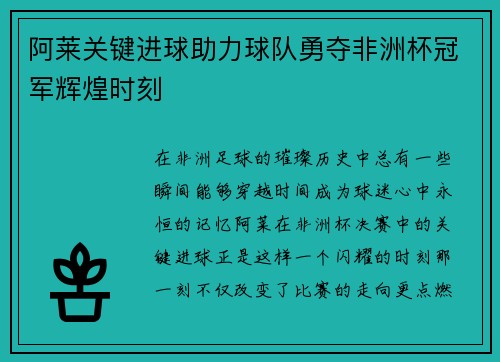 阿莱关键进球助力球队勇夺非洲杯冠军辉煌时刻